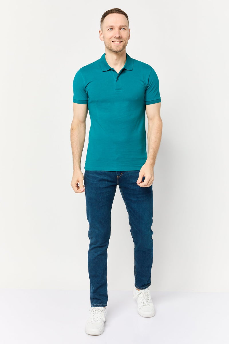 Celio Men Regular Fit Solid Shot Sleeve Polo Shirt, Teal Blue - Image 2